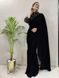 ready to wear velvet saree with jacket style blouse -Silk Saree BLACK women's fashion mart