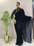 ready to wear velvet saree with jacket style blouse -Silk Saree BLACK women's fashion mart