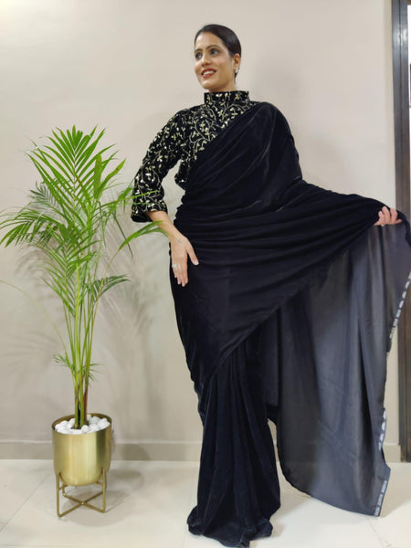 ready to wear velvet saree with jacket style blouse -Silk Saree BLACK women's fashion mart