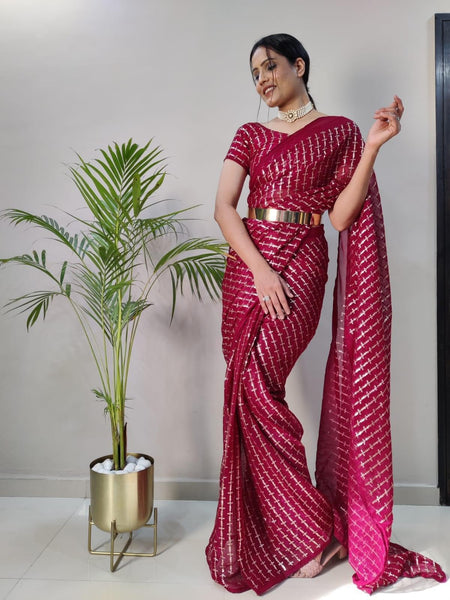 1Min ready to wear With Heavy Zari And sequence Work saree -Silk Saree RED women's fashion mart