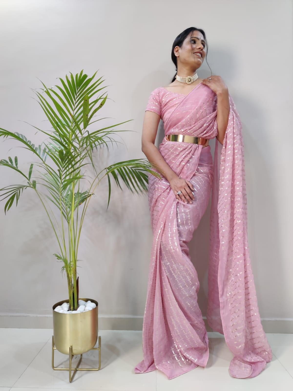 1Min ready to wear With Heavy Zari And sequence Work saree -Silk Saree RED women's fashion mart