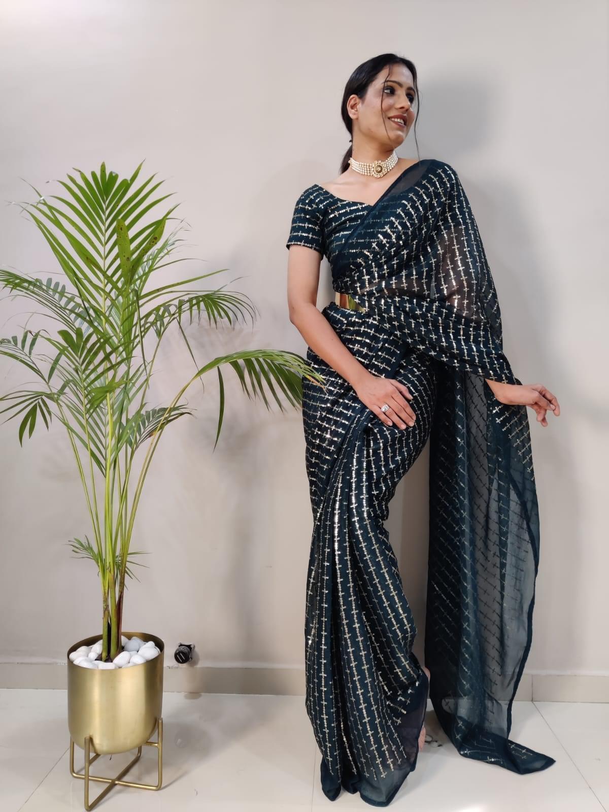 1Min ready to wear With Heavy Zari And sequence Work saree -Silk Saree RED women's fashion mart