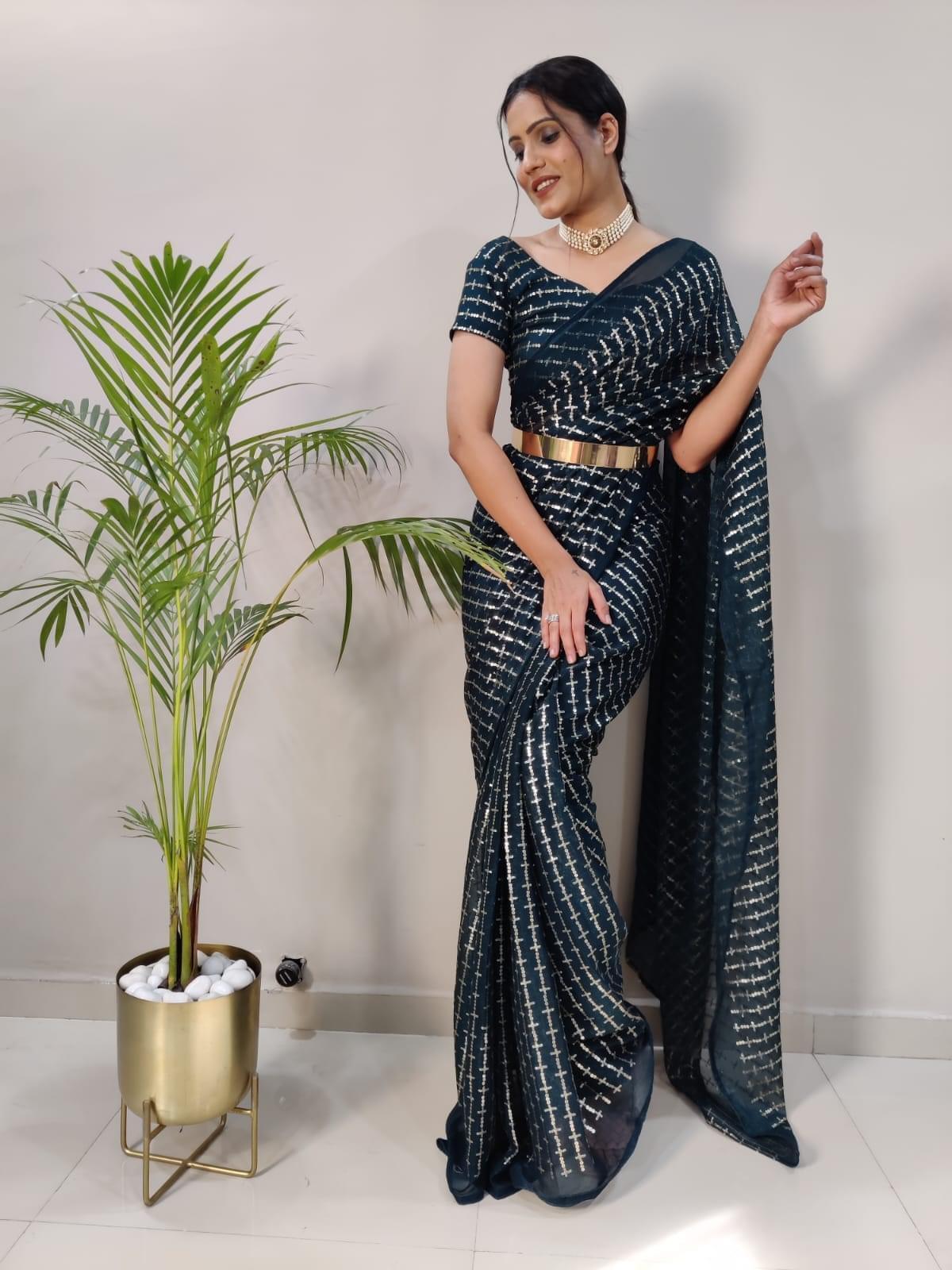 1Min ready to wear With Heavy Zari And sequence Work saree -Silk Saree BOTTLE GREEN women's fashion mart