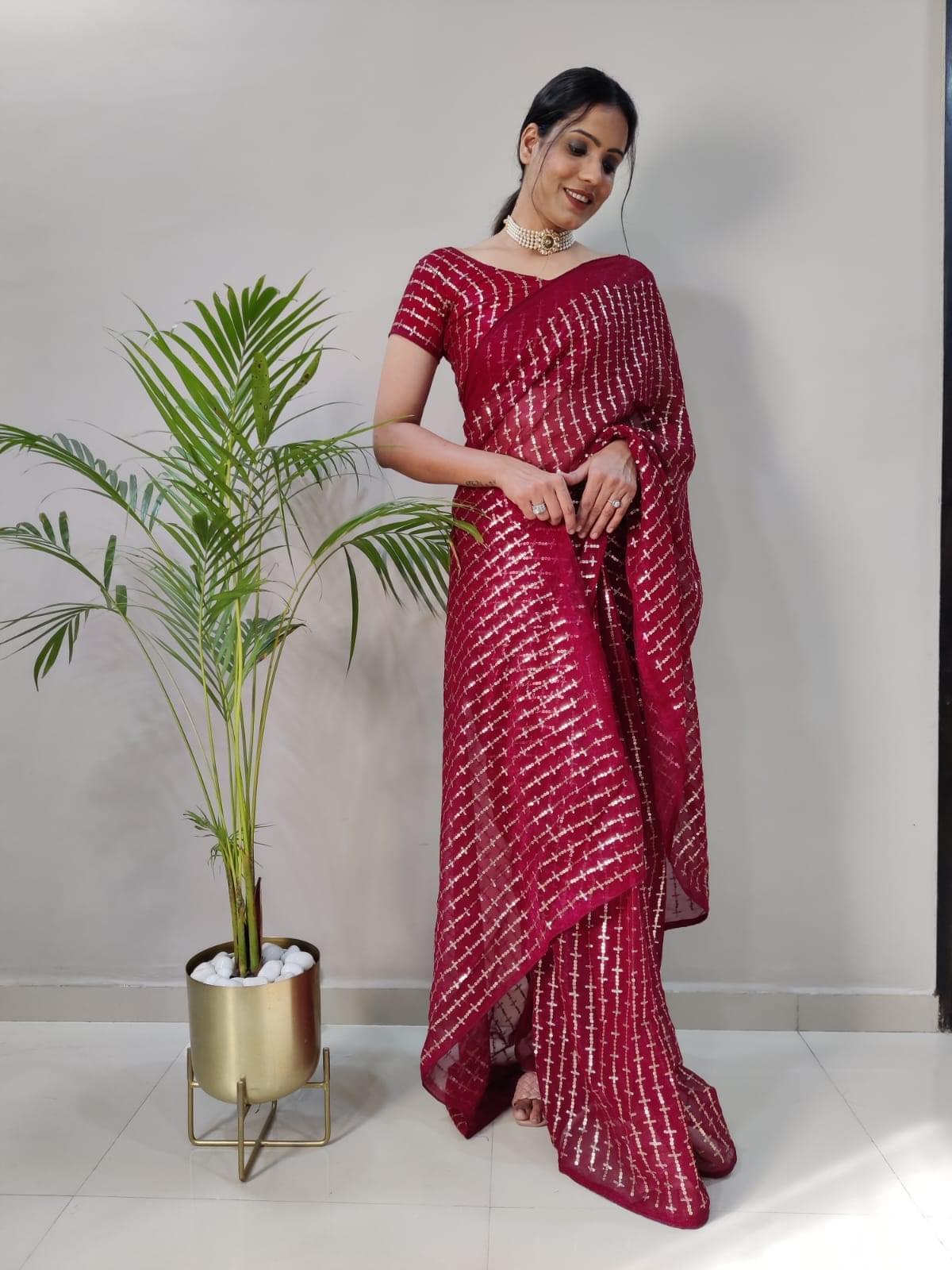 1Min ready to wear With Heavy Zari And sequence Work saree -Silk Saree RED women's fashion mart