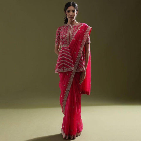 trending embroidery work jacket with saree -Organza Saree Pink women's fashion mart