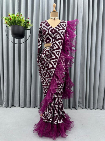 Boutique style ruffle with sequence work saree -Georgette Saree Default Title women's fashion mart