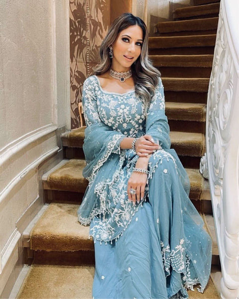 chain with pearl work suit -Designer Suit SKY BLUE women's fashion mart