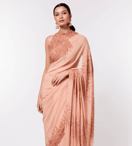 sequence work saree -Georgette Saree PEACH women's fashion mart