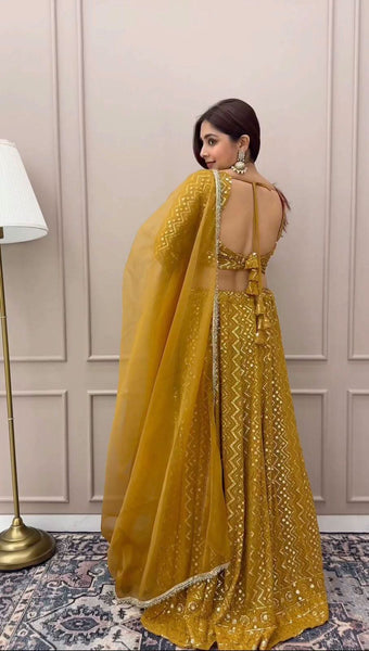 Mustard yellow heavy embroidery sequence work lehenga choli -Lehenga Choli Default Title women's fashion mart