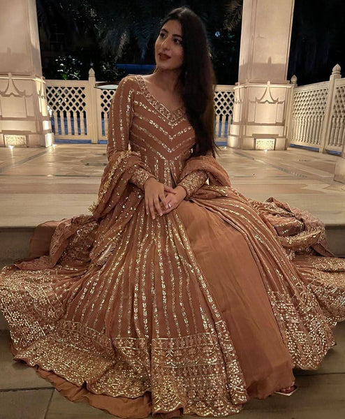 Caramel colour sequence thread work suit -Designer Suit Brown women's fashion mart