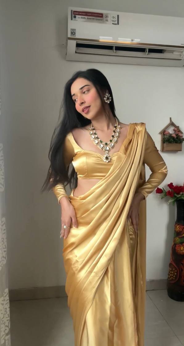 1-Min Satin Ready To Wear Saree With Blouse Piece  women's fashion mart