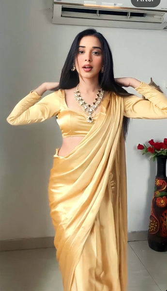 1-Min Satin Ready To Wear Saree With Blouse Piece  women's fashion mart