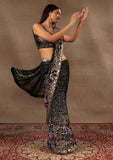 Black colour embroidery work with full sequence work saree -fancy silk Black women's fashion mart