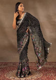 Black colour embroidery work with full sequence work saree -fancy silk Black women's fashion mart