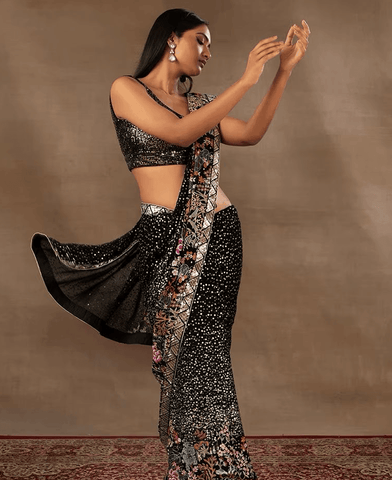 Black colour embroidery work with full sequence work saree -fancy silk Black women's fashion mart
