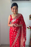 Red Colour 1-Min Cotton Silk Ready To Wear Saree With Blouse Piece -Ready to Wear Saree Default Title women's fashion mart