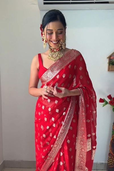 Red Colour 1-Min Cotton Silk Ready To Wear Saree With Blouse Piece -Ready to Wear Saree Default Title women's fashion mart