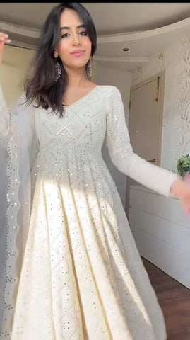 Anishka Lucknowi Embroidered Georgette Anarkali Fully Stitched Suit Set Off White -Clothing XS [34] / OFF-WHITE women's fashion mart