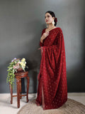 Ready to wear red colour embroidery sequence work velvet saree -fancy silk Red women's fashion mart
