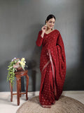 Ready to wear red colour embroidery sequence work velvet saree -fancy silk Red women's fashion mart