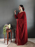 Ready to wear red colour embroidery sequence work velvet saree -fancy silk Red women's fashion mart