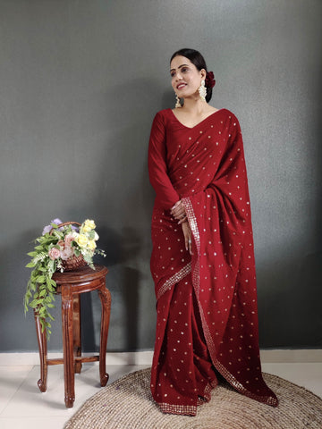 Ready to wear red colour embroidery sequence work velvet saree -fancy silk Red women's fashion mart