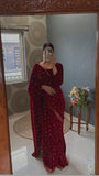 Ready to wear red colour embroidery sequence work velvet saree -fancy silk Red women's fashion mart