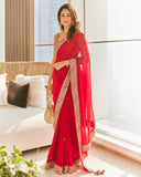 Red colour designer lace border georgette saree -Georgette Saree Default Title women's fashion mart