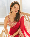 Red colour designer lace border georgette saree -Georgette Saree Default Title women's fashion mart