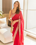 Red colour designer lace border georgette saree -Georgette Saree Default Title women's fashion mart