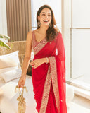 Red colour designer lace border georgette saree -Georgette Saree Default Title women's fashion mart