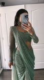 Ready to wear pista colour sequence work on net saree -Net Saree Green women's fashion mart