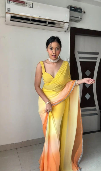 Yellow and Orange Colour 1-Min Georgette Ready To Wear Saree With Blouse Piece -Ready to Wear Saree Default Title women's fashion mart
