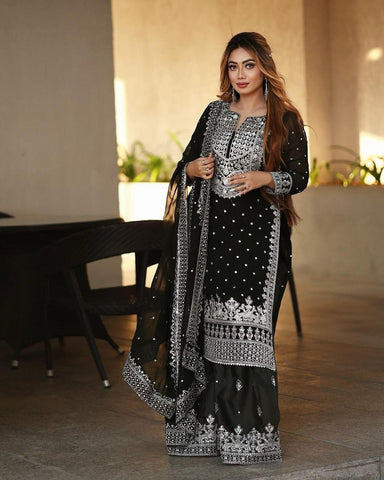 Decent Embroidery Sequence Work Black Color Sharara Suit