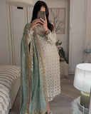 Glorious White Sequence Work Suit With Pista Green Dupatta -AnarkaliSuit M women's fashion mart
