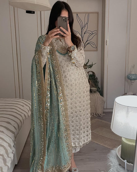 Glorious White Sequence Work Suit With Pista Green Dupatta -AnarkaliSuit M women's fashion mart