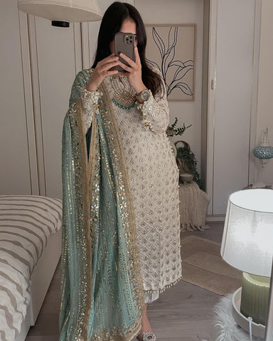 Glorious White Sequence Work Suit With Pista Green Dupatta -AnarkaliSuit M women's fashion mart