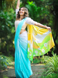 Fashionable Sky With White Color Printed Saree  women's fashion mart