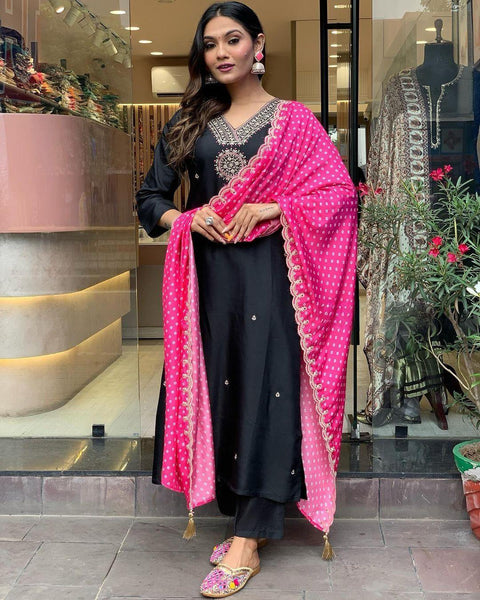 Gorgeous Black Color Salwar Suit With Pink Bandhani Dupatta  women's fashion mart