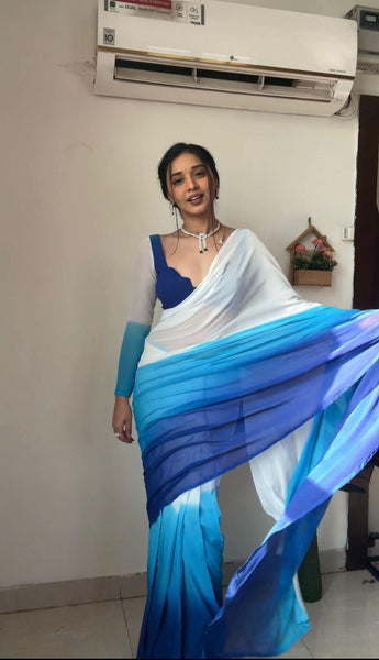 Terrific Ready To Wear Sky And White Color Saree  women's fashion mart