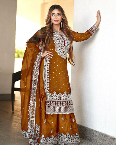 Decent Embroidery Sequence Work Orange Color Sharara Suit
