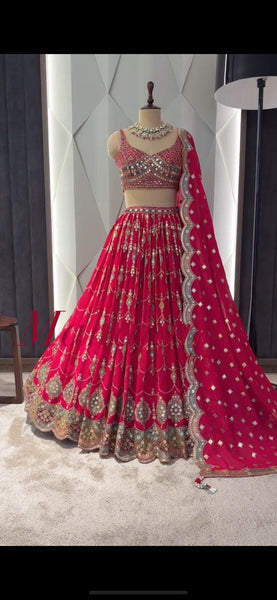 Wedding Wear Embroidered Sequence Work Red Lehenga Choli  women's fashion mart