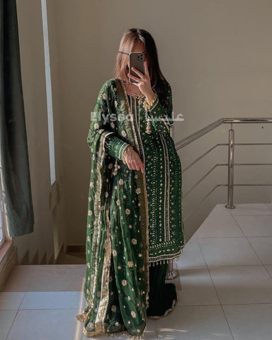 Eid Special Embroidery Sequenced Work Green Color Sharara Suit  women's fashion mart