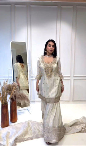 Elegant Embroidery Sequence Work White Color Sharara Suit  women's fashion mart