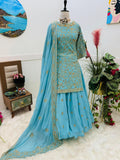 Delightful Embroidery Sequence Sky Blue Color Top With Lehenga  women's fashion mart