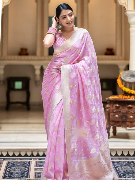 Embellished Baby Pink Color Jacquard Border Silk Saree  women's fashion mart