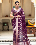Embellished Wine Color Jacquard Border Silk Saree  women's fashion mart
