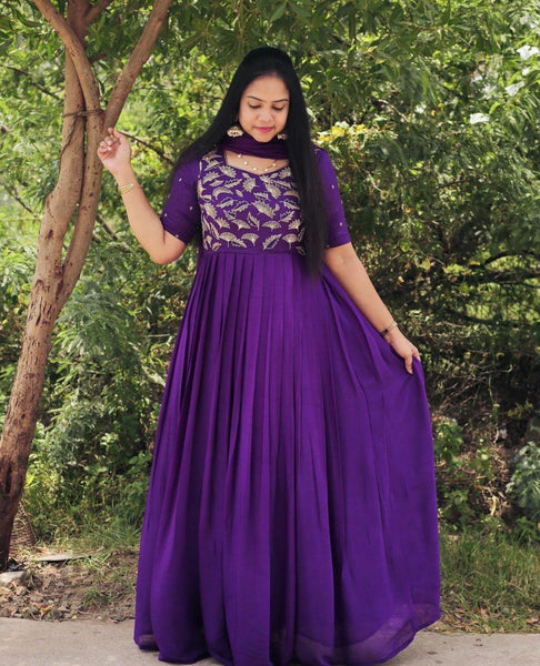 Fabulous Embroidered Work Blue Color Long Gown  women's fashion mart