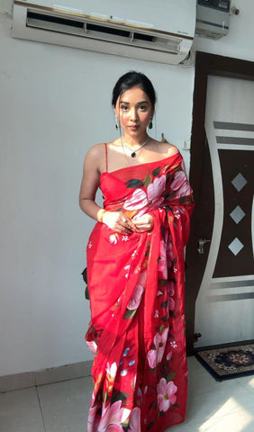 Shining Organza Silk Red Color Ready To Wear Saree  women's fashion mart