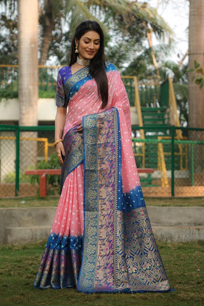 Flattering  Bandhej Kanjivaram Silk Peach Color Saree  women's fashion mart